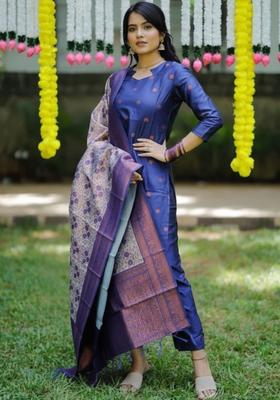 Purple Woven Design Silk Blend Kurta Set