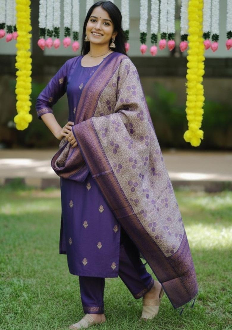 Purple Woven Design Silk Kurta Set - Indya