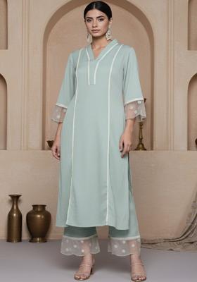 Sea Green Self Design Silk Kurta Set