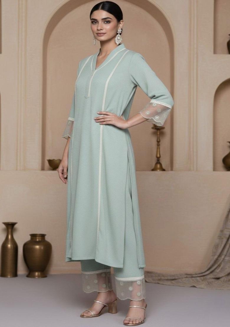 Sea Green Self Design Silk Kurta Set - Indya