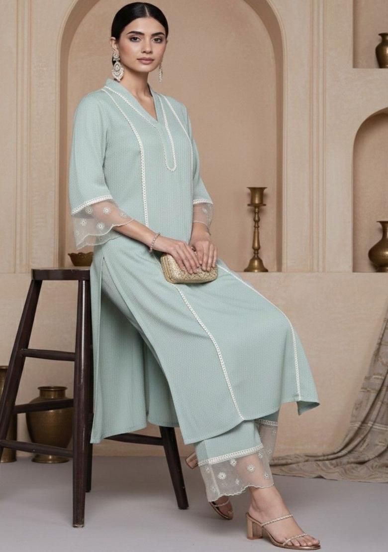 Sea Green Self Design Silk Kurta Set - Indya