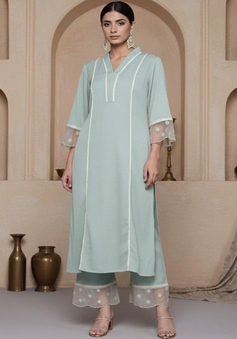 Sea Green Self Design Silk Kurta Set — view on Indya