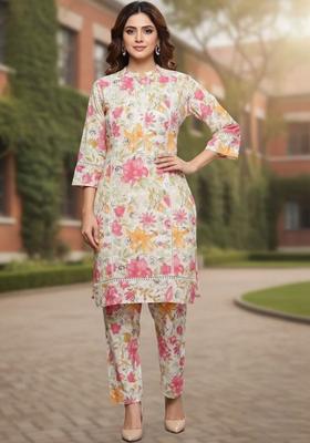 Off White Printed Cotton Kurta Set