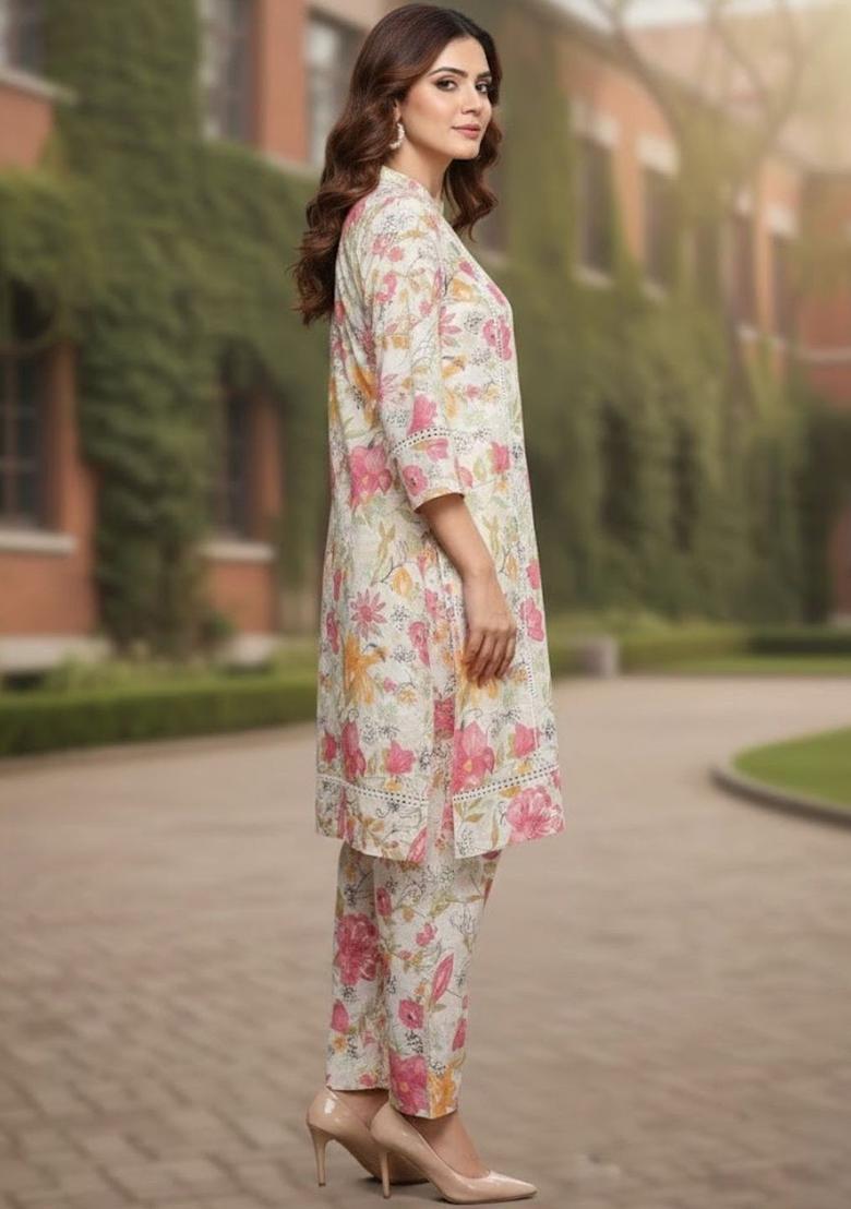 Off White Printed Cotton Kurta Set - Indya