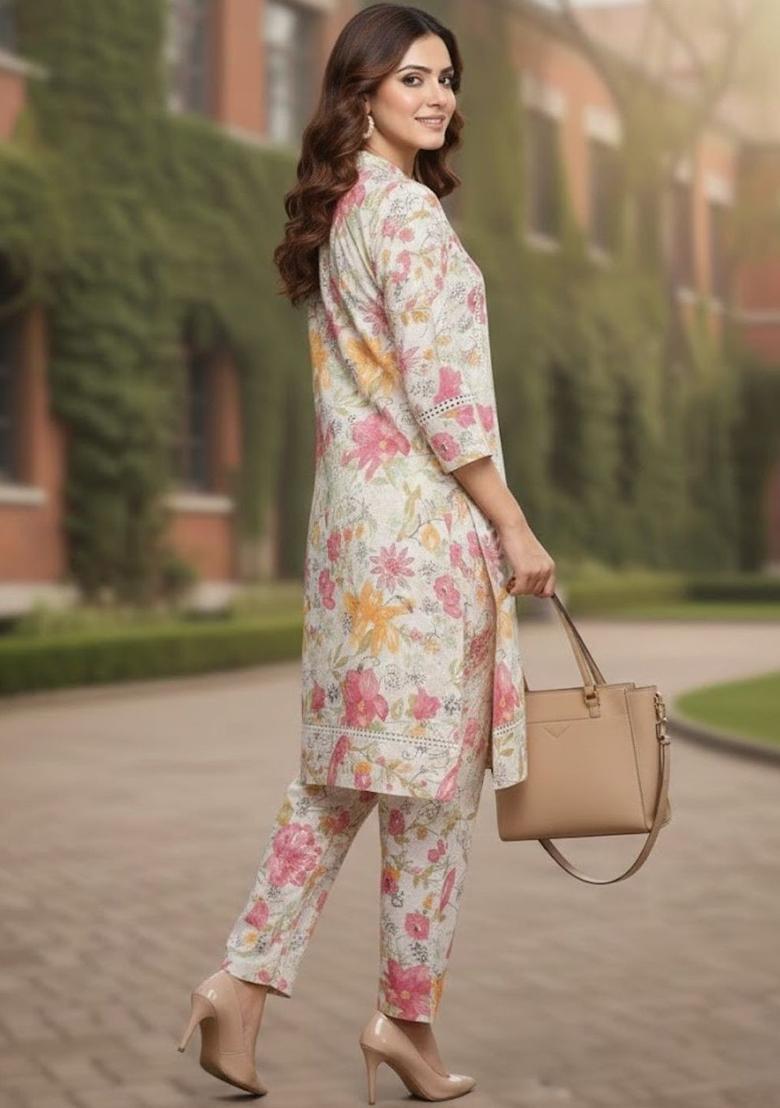 Off White Printed Cotton Kurta Set - Indya
