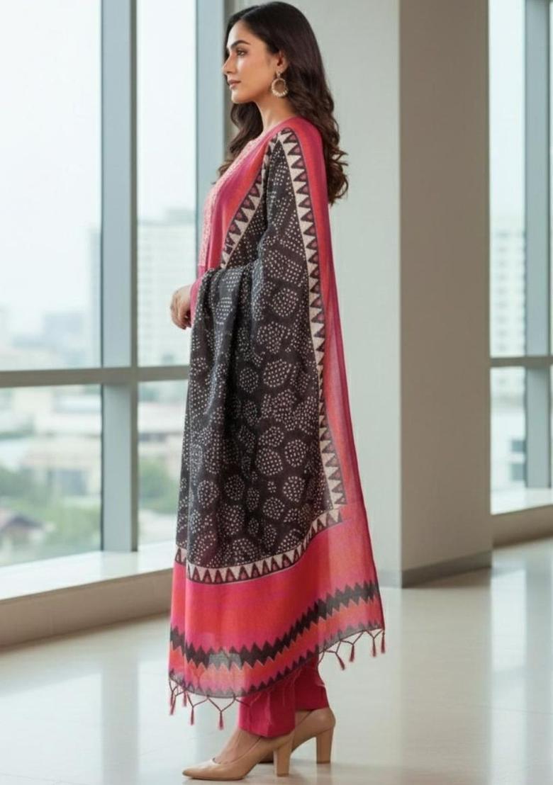 Pink Embroidered Silk Kurta Set - Indya