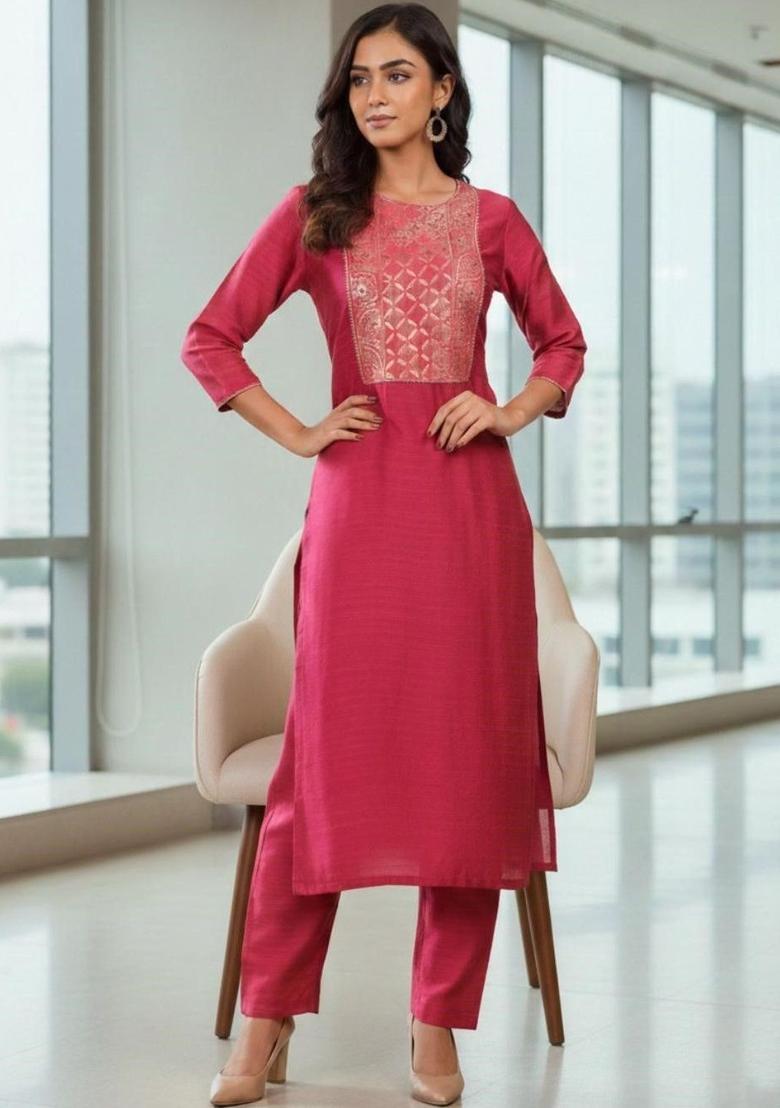 Pink Embroidered Silk Kurta Set - Indya