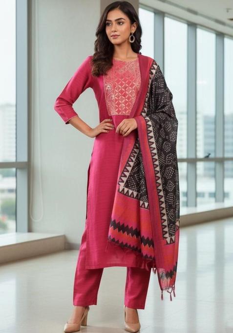 Pink Embroidered Silk Kurta Set