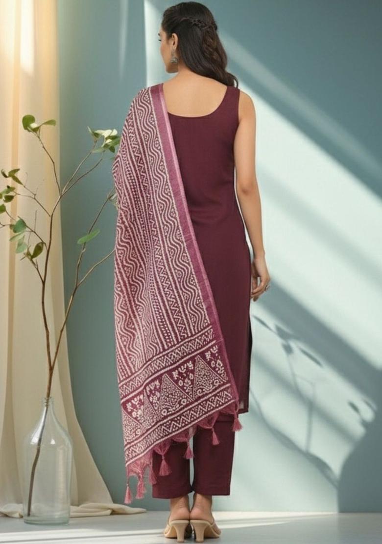 Maroon Solid Cotton Kurta Set - Indya