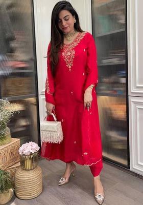 Red Embroidered Viscose Kurta Set