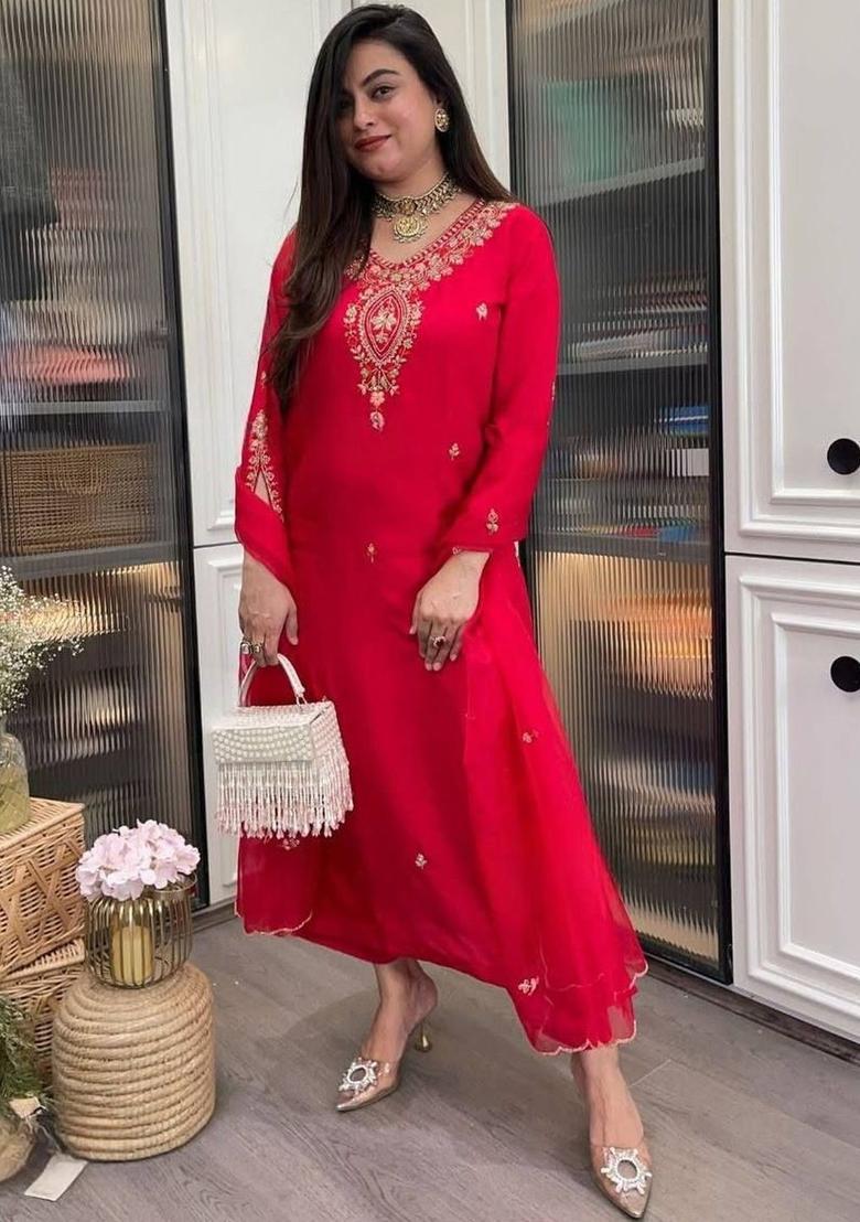 Red Embroidered Viscose Kurta Set - Indya
