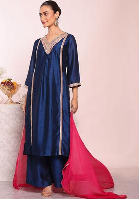 Navy Blue Solid Silk Kurta Set