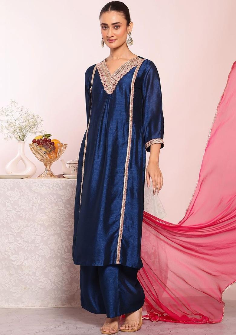 Navy Blue Solid Silk Kurta Set - Indya