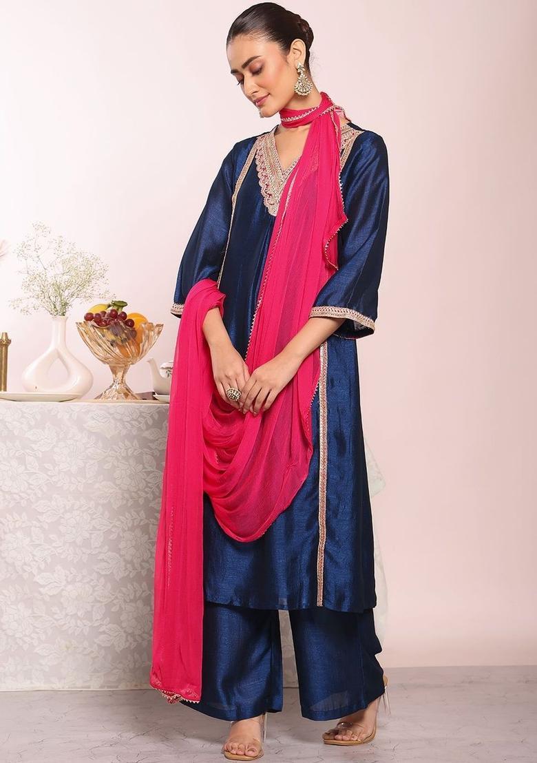 Navy Blue Solid Silk Kurta Set - Indya
