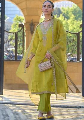 Lime Green Embroidered Georgette Kurta Set