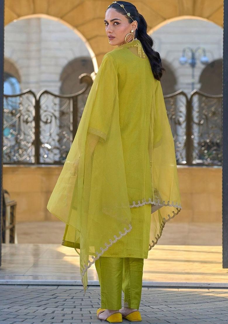 Lime Green Embroidered Georgette Kurta Set - Indya