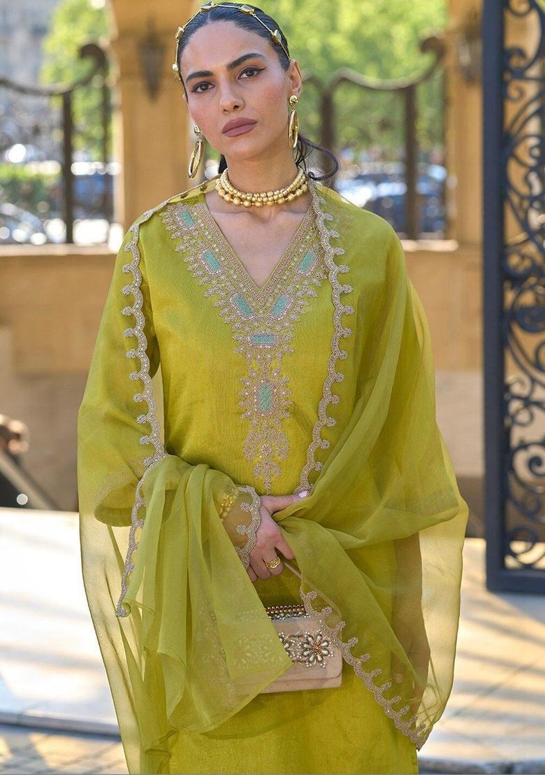 Lime Green Embroidered Georgette Kurta Set - Indya