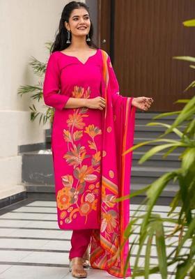Pink Printed Silk Kurta Set