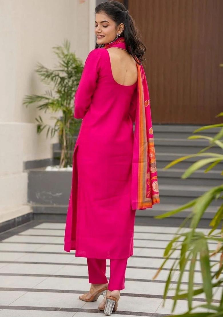 Pink Printed Silk Kurta Set - Indya