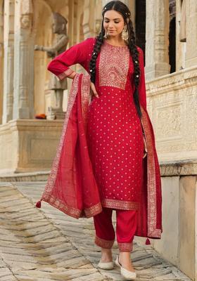 Red Printed Silk Kurta Set