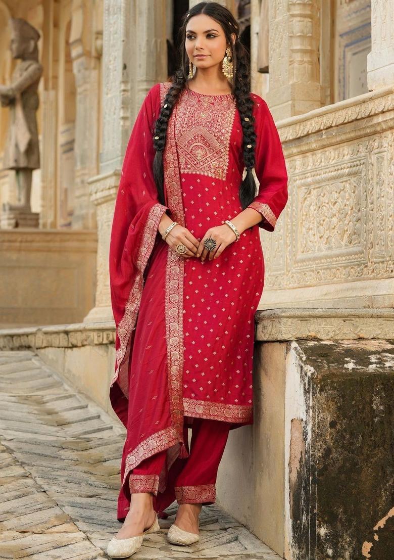 Red Printed Silk Kurta Set - Indya