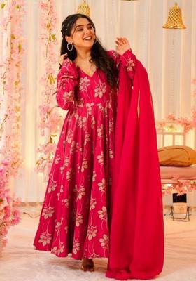 Pink Printed Silk Kurta Set