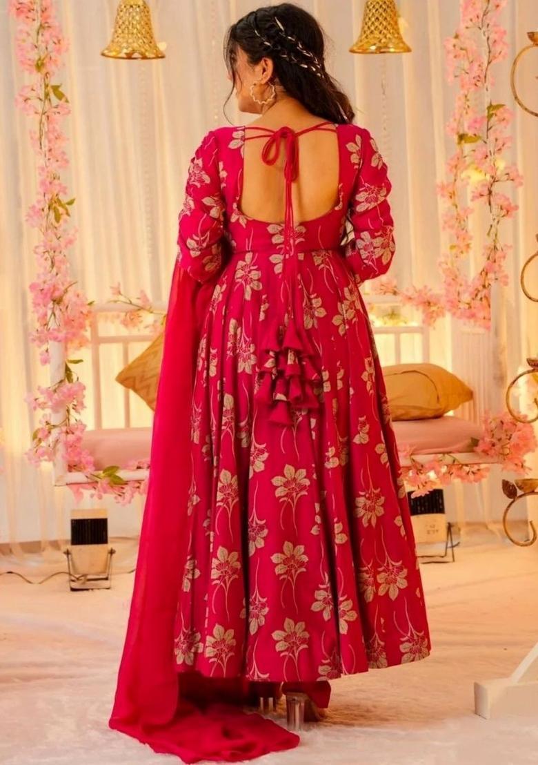 Pink Printed Silk Kurta Set - Indya