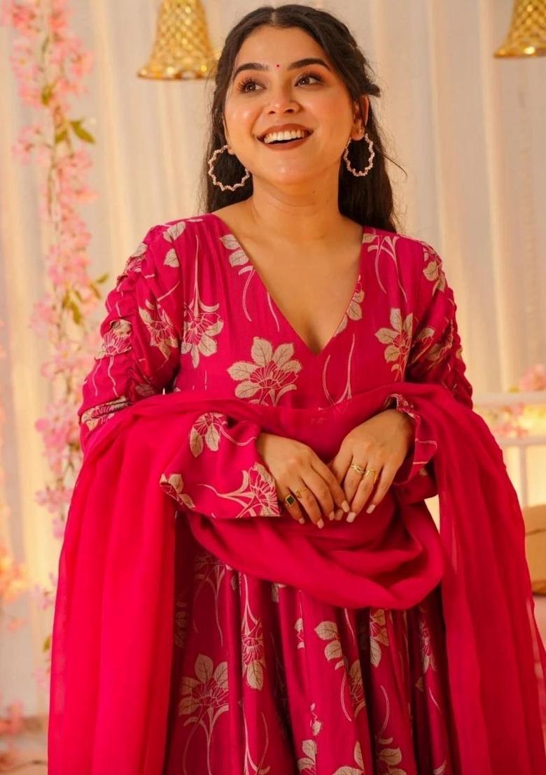 Pink Printed Silk Kurta Set - Indya