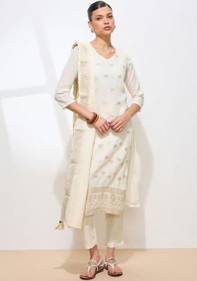 Cream Woven Design Cotton Kurta Set