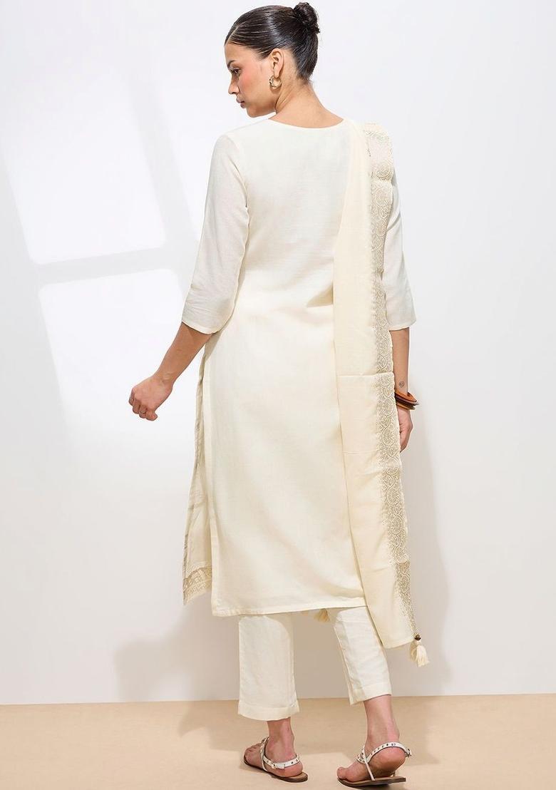Cream Woven Design Cotton Kurta Set - Indya