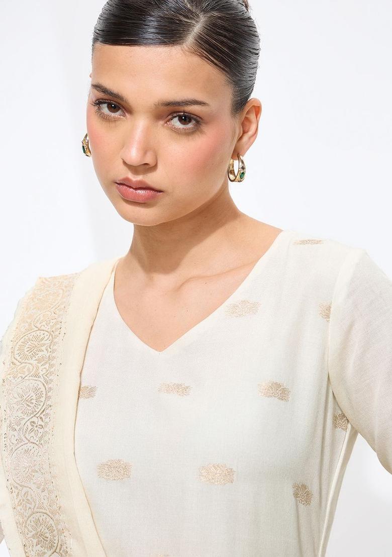 Cream Woven Design Cotton Kurta Set - Indya