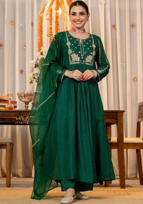 Green Embroidered Silk Kurta Set