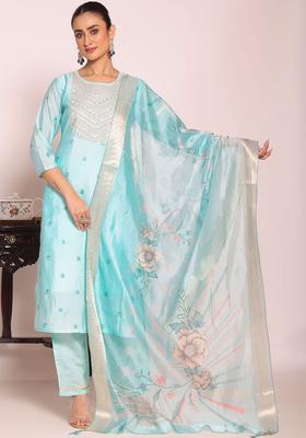 Turquoise Blue Embroidered Silk Blend Kurta Set