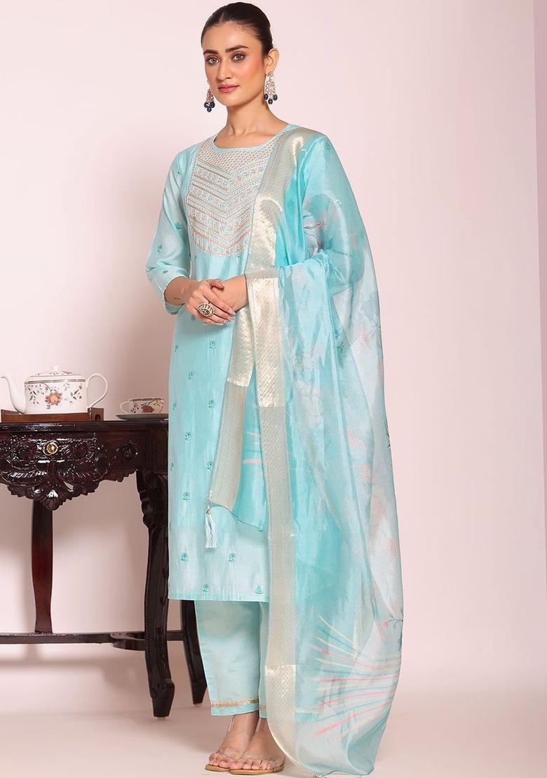 Turquoise Blue Embroidered Silk Kurta Set - Indya