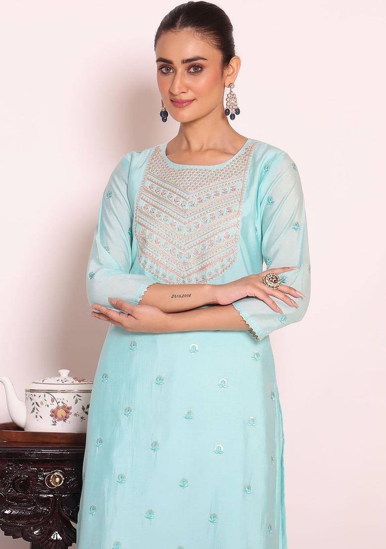 Turquoise Blue Embroidered Silk Kurta Set - Indya