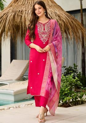 Red Embroidered Viscose Kurta Set
