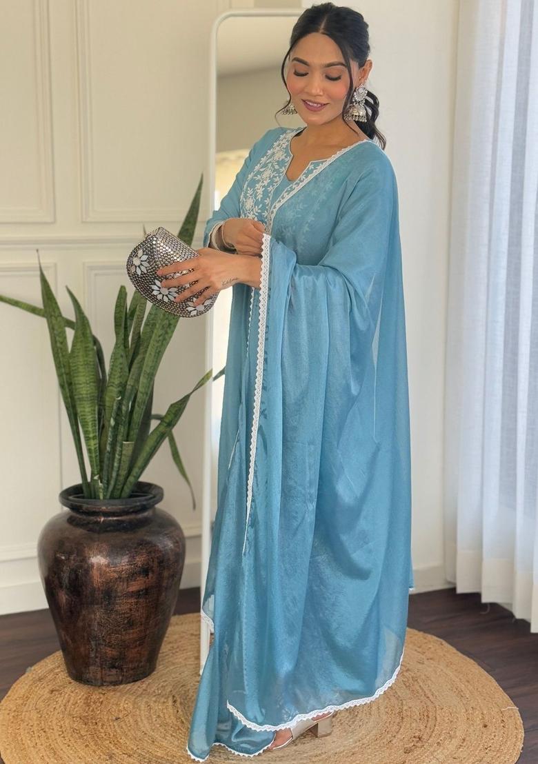Blue Embroidered Viscose Kurta Set - Indya