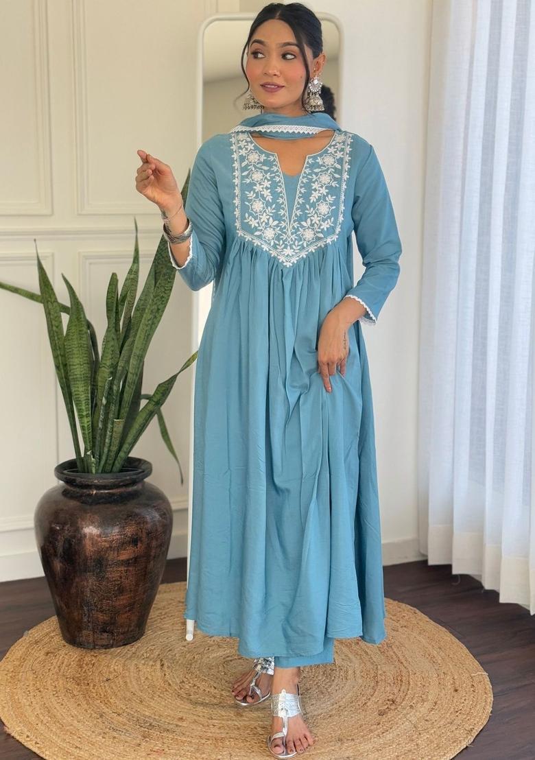 Blue Embroidered Viscose Kurta Set - Indya