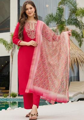 Red Embroidered Silk Kurta Set