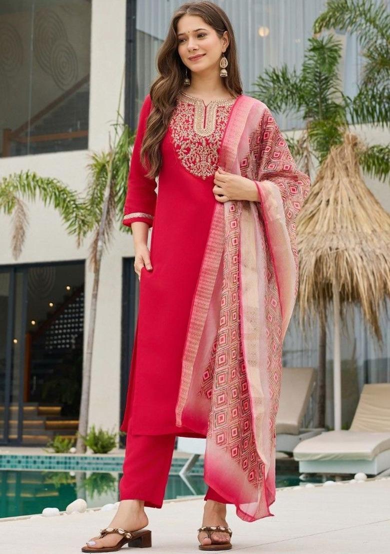 Red Embroidered Silk Kurta Set - Indya