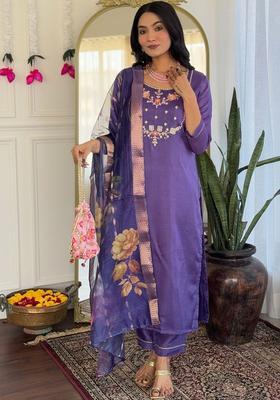 Purple Embroidered Viscose Kurta Set