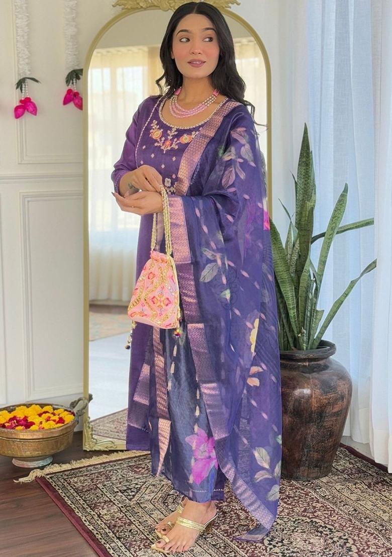 Purple Embroidered Viscose Kurta Set - Indya