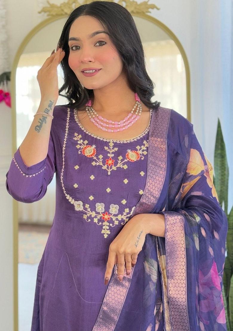 Purple Embroidered Viscose Kurta Set - Indya