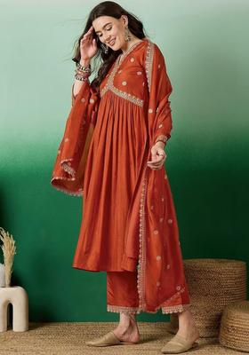 Rust Embroidered Silk Kurta Set