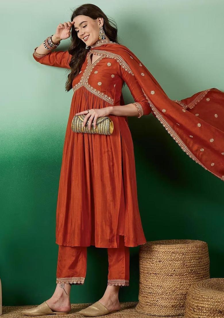 Rust Embroidered Silk Kurta Set - Indya