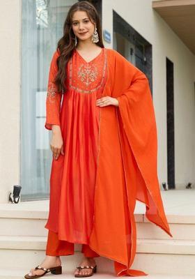 Orange Embroidered Silk Kurta Set