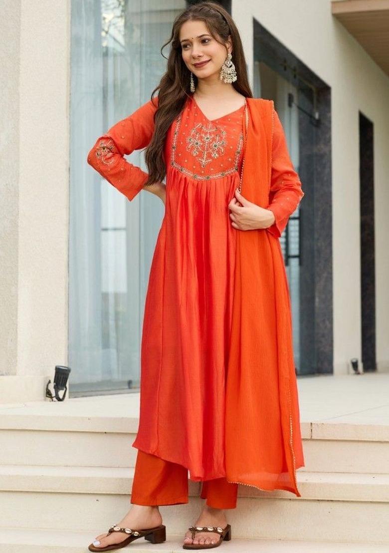 Orange Embroidered Silk Kurta Set - Indya