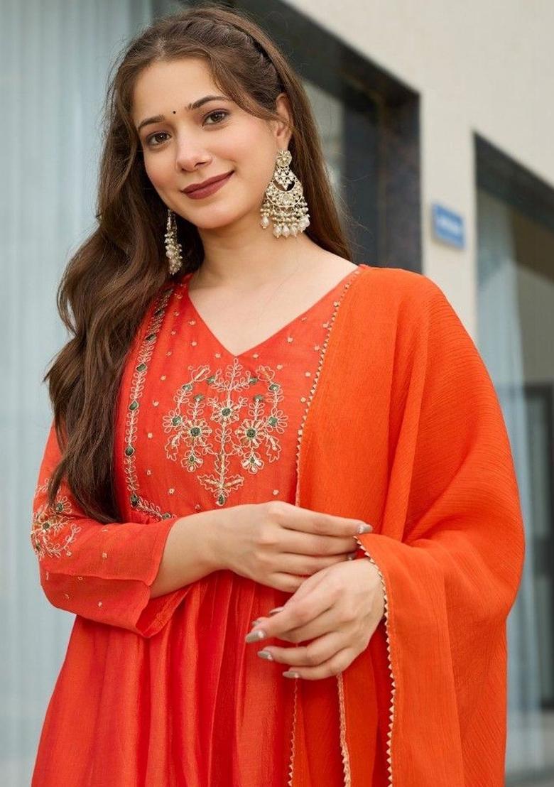 Orange Embroidered Silk Kurta Set - Indya