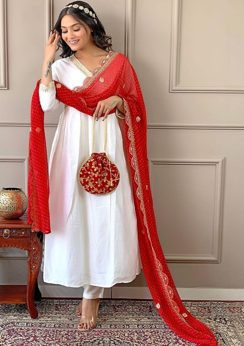 White Solid Silk Kurta Set - Indya