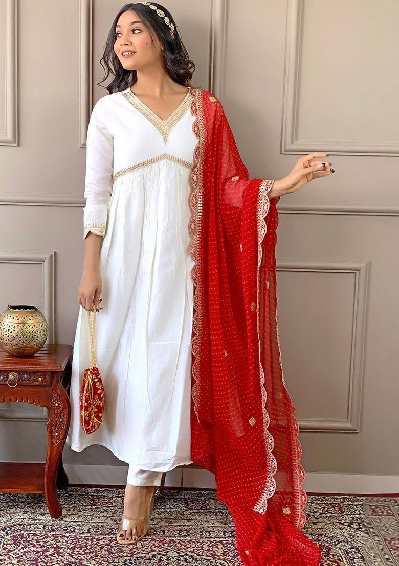 White Solid Silk Kurta Set - Indya